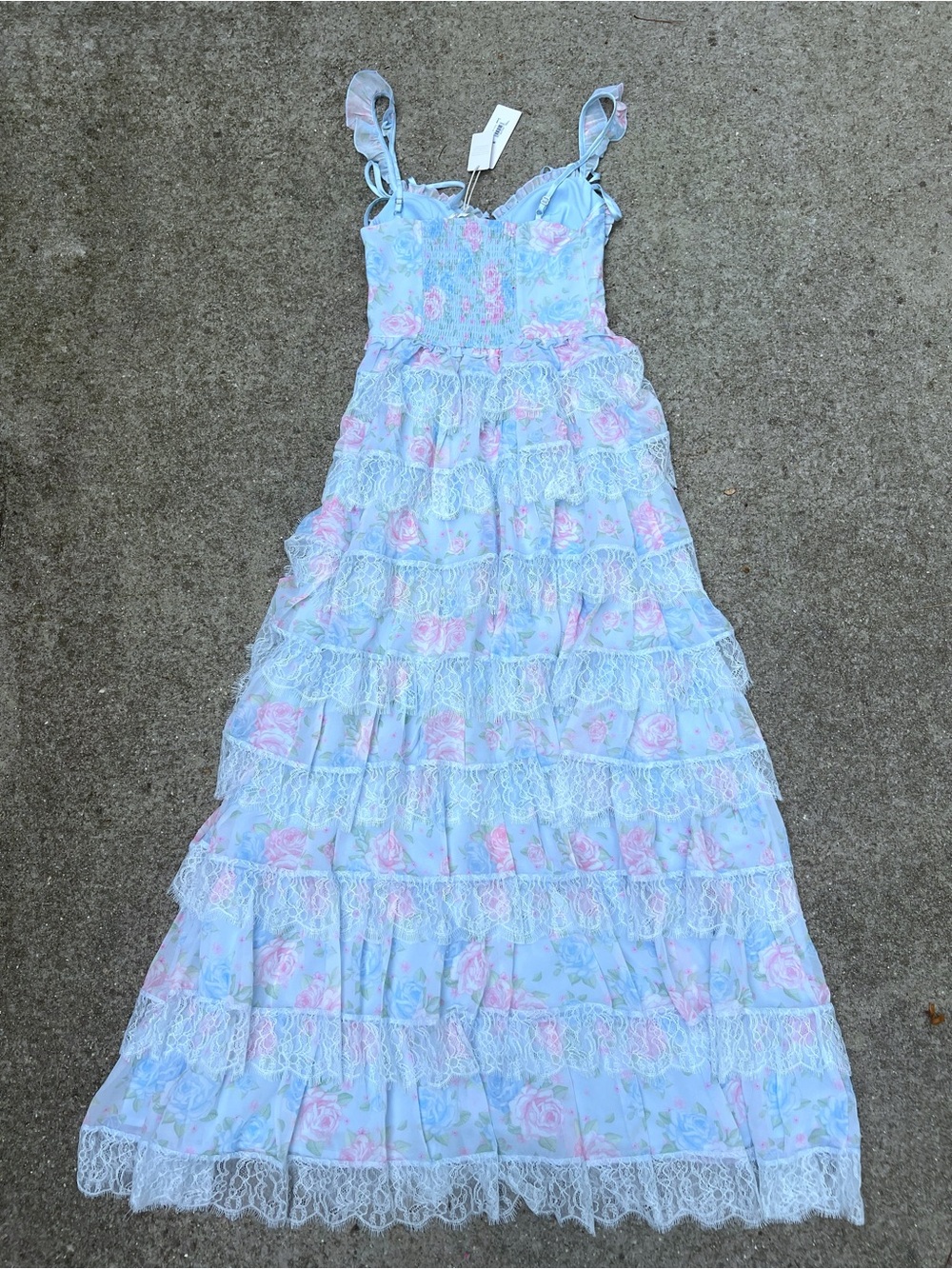 NWT Altar’d State Rhiannon Blue Pink Floral Lace Tiered Maxi Dress Small - Picture 7 of 9